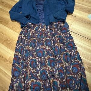 Stylish Vintage Blue Suede Jacket and Brown Floral Women's Skirt Set